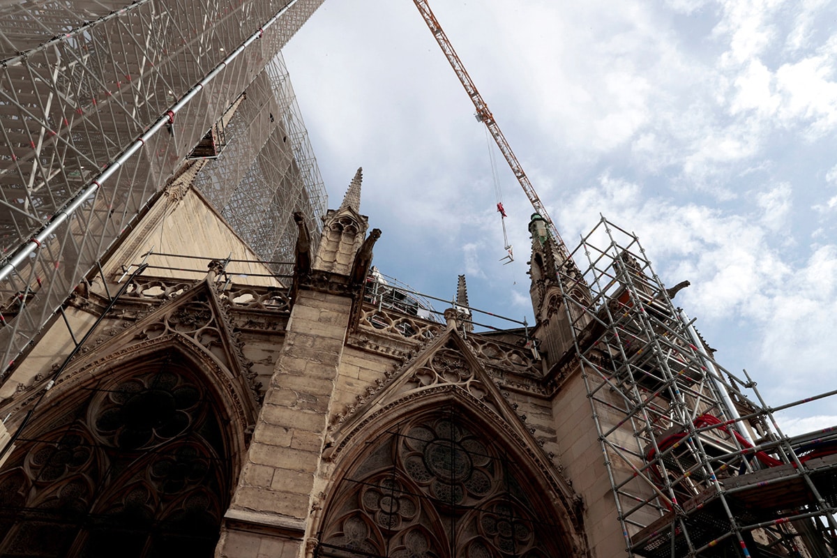 Scaffolding surrounds the Notre Dame Cathedral in Paris July 28, 2022. Four years into the devastating fire, Notre Dame will get the spire back by the end of 2023. (OSV News photo/Geoffroy Van Der Hassel, pool via Reuters)