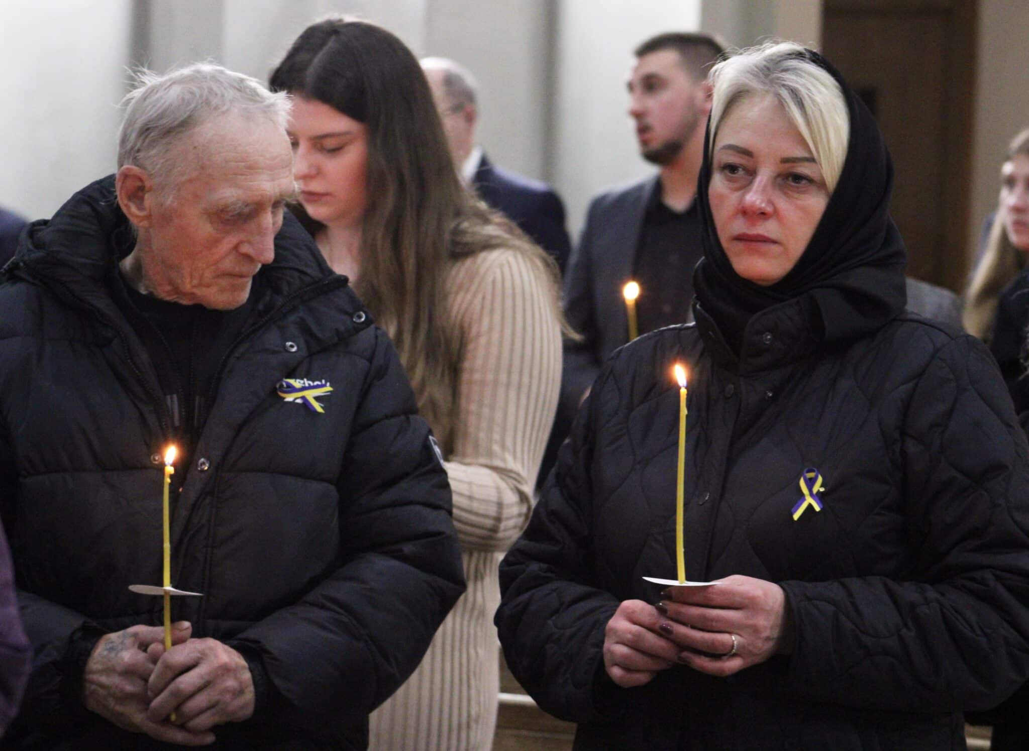 Ukrainian Catholic faithful pray for peace in Ukraine at a March 7, 2024, service at the Ukrainian Catholic Cathedral of the Immaculate Conception in Philadelphia. Following the service, Major Archbishop Sviatoslav Shevchuk, head of the worldwide Ukrainian Greek Catholic Church, addressed those present and urged them to remain confident of Ukraine's victory over Russian aggression. (OSV News photo/Gina Christian)