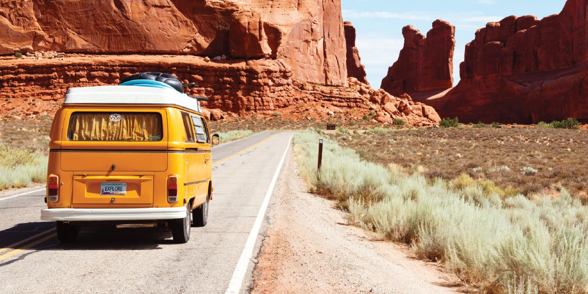 Van traveling through the desert