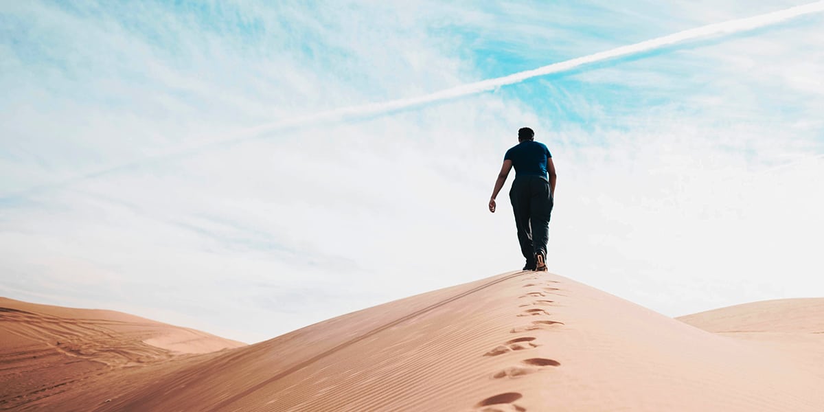 person walking on top of sand dune