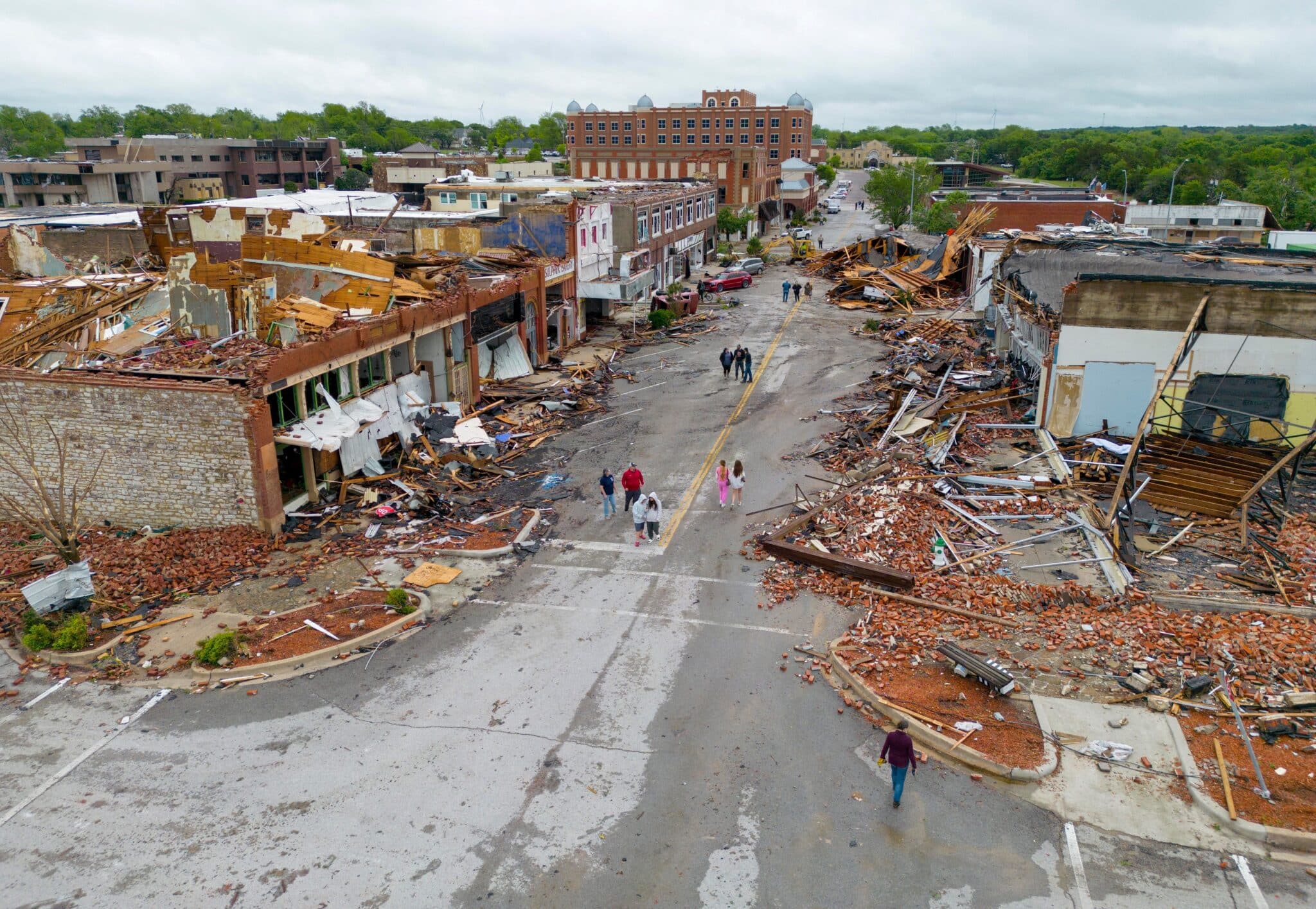 Damaged buildings are seen in Sulphur, Okla., April 28, 2024, after the town was hit by a tornado the night before. Tornadoes killed at least four people in Oklahoma, including an infant, and left thousands without power after a destructive outbreak of severe weather flattened buildings in the heart of the rural town of Sulphur and injured at least 100 people across the state. (OSV News photo/Bryan Terry, The Oklahoman/USA Today Network via Reuters)