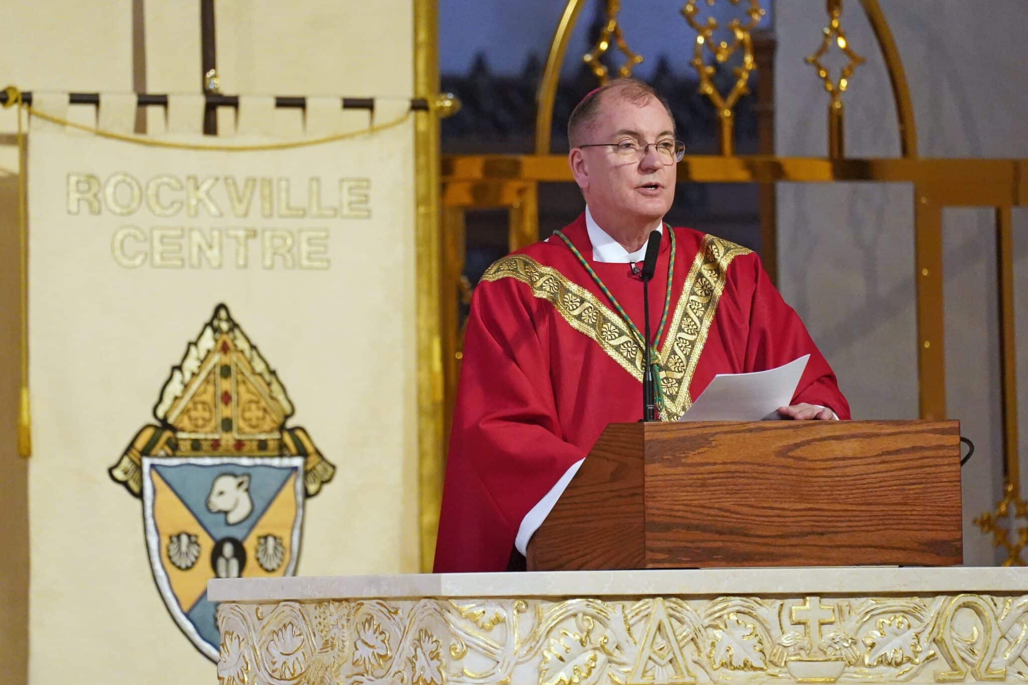 Bishop John O. Barres of Rockville Centre, N.Y., delivers the homily during Mass at St. Agnes Cathedral in Rockville Centre, N.Y., June 29, 2020. A judge may decide to dismiss the bankruptcy case of the Diocese of Rockville Centre, which would be a national first. (OSV News photo/Gregory A. Shemitz)