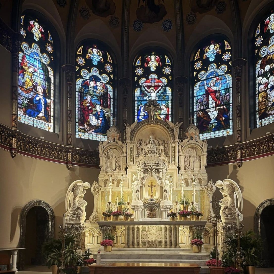 This is an undated screenshot of the altar at St. Vincent de Paul Church in Chicago. A Chicago priest in liturgical garb performed a blessing of a same-sex couple at the church, which was video-recorded and described on Instagram as "a blessing of our marriage." (OSV News screenshot/Instagram)