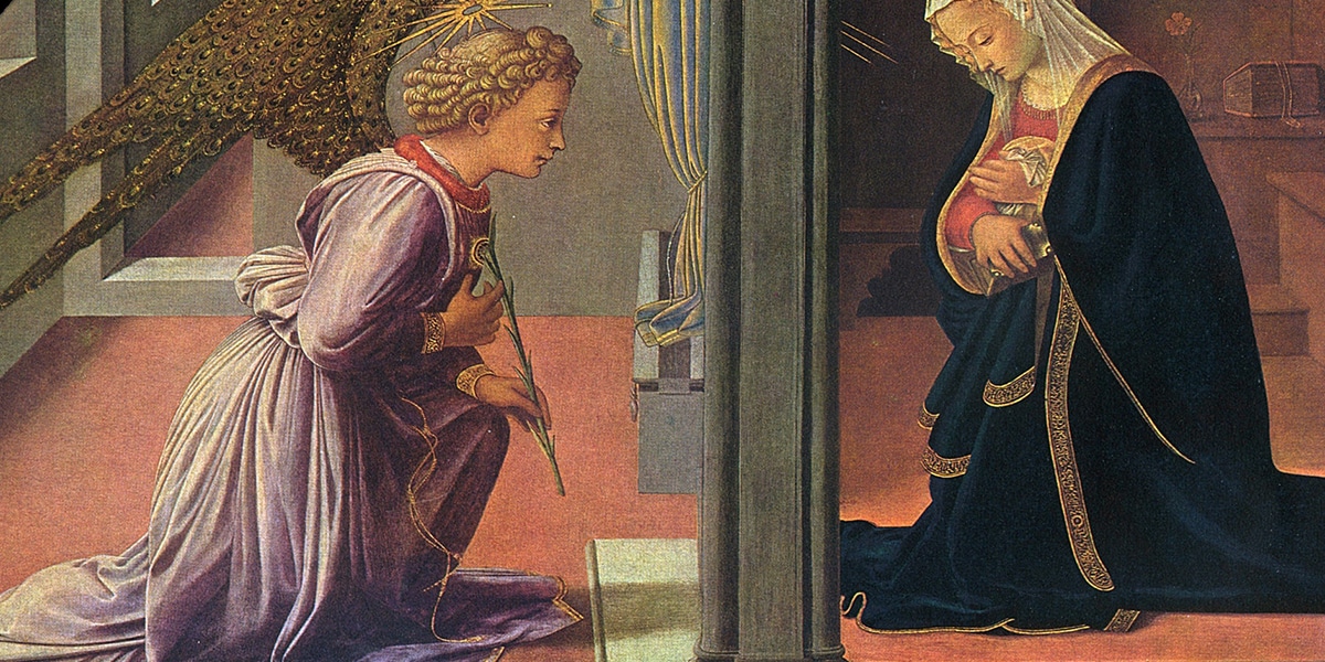 Angel kneeling before Mary at the annunciation