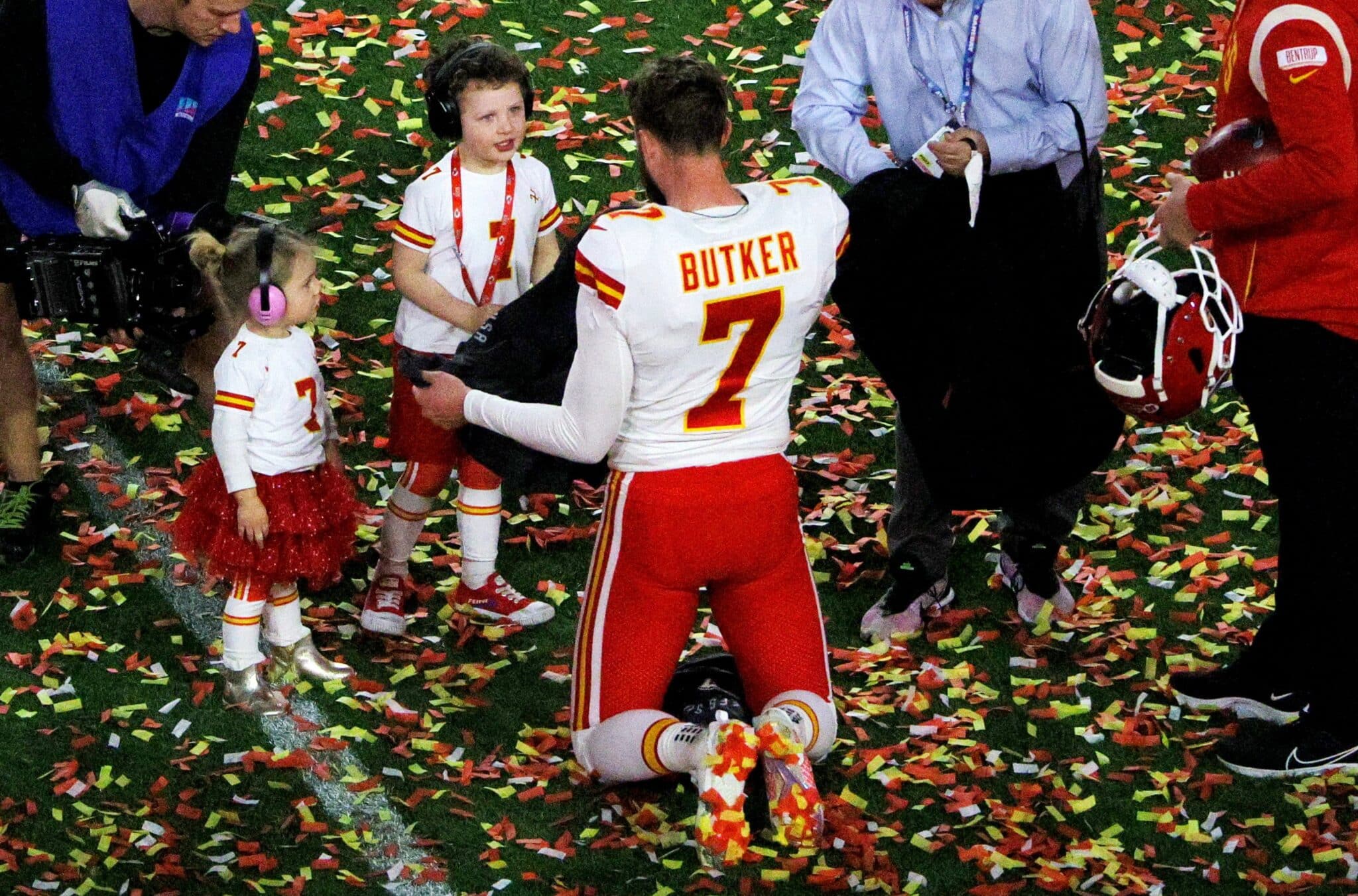Kansas City Chiefs' Harrison Butker celebrates winning Super Bowl LVII with his children in Glendale, Ariz., Feb. 12, 2023. In a May 11 commencement address at Benedictine College in Atchison, Kan., Butker told graduates, "There is nothing good about playing God with having children -- whether that be your ideal number or the perfect time to conceive. No matter how you spin it, there is nothing natural about Catholic birth control." (OSV News photo/Caitlin O'Hara, Reuters)
