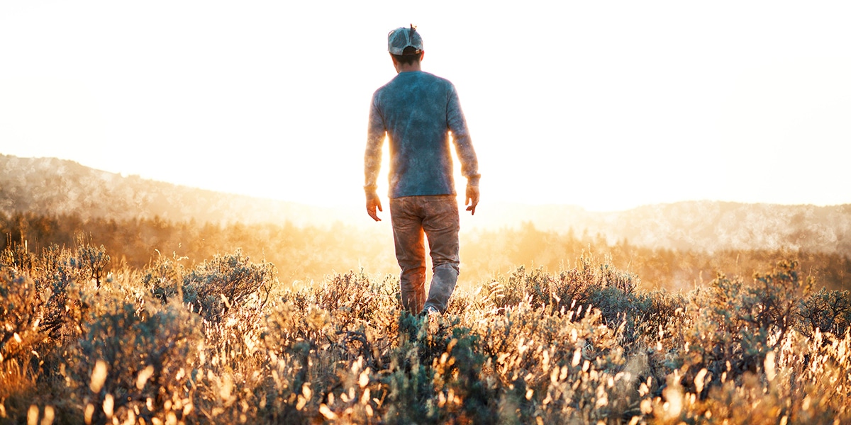 man is walking in the fields at sunrise