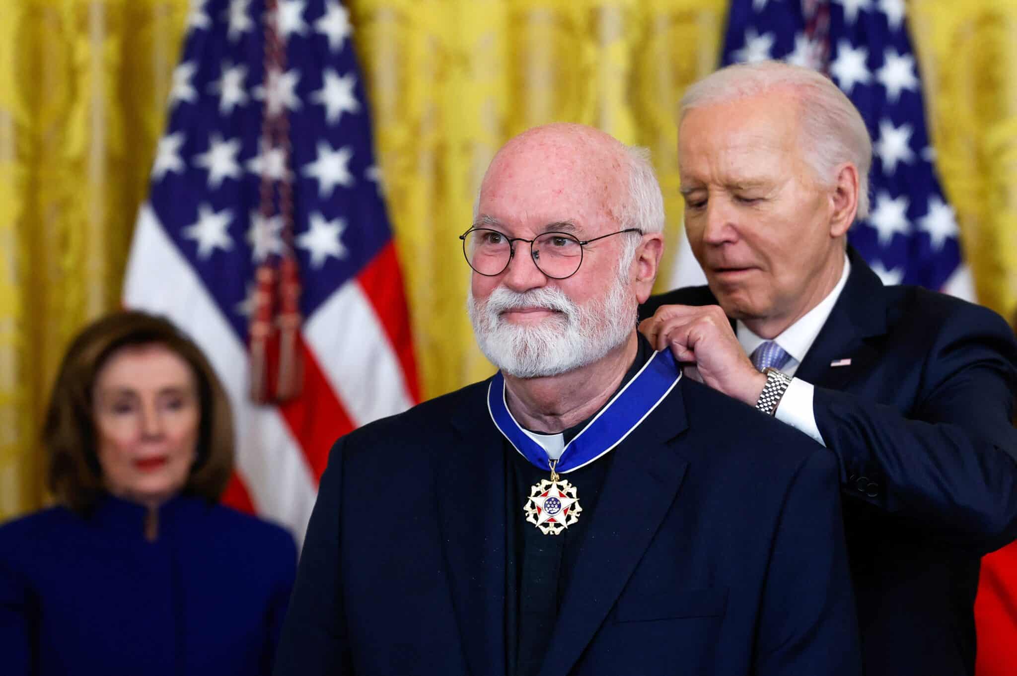 U.S. President Joe Biden presents the Presidential Medal of Freedom to Jesuit Father Greg Boyle during a ceremony at the White House in Washington May 3, 2024. Father Boyle established Homeboy Industries in Los Angeles in 1992 to improve the lives of former gang members. (OSV News photo/Evelyn Hockstein, Reuters)