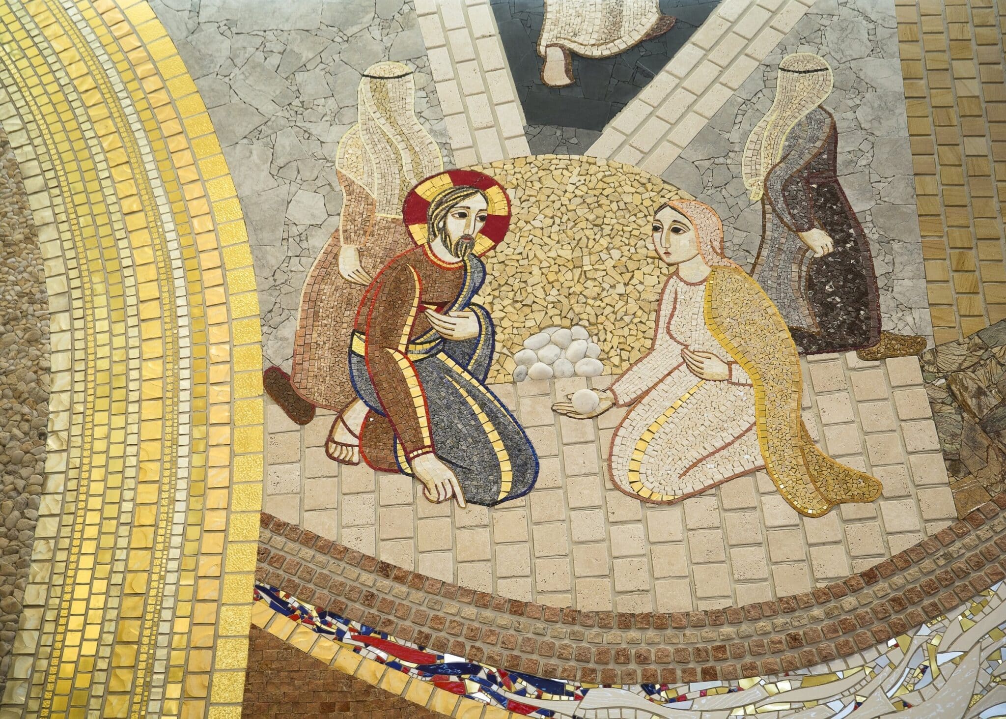 A mosaic by Father Marko Rupnik illustrating the Gospel story of Jesus' encounter with the woman caught in adultery is pictured in a file photo at the St. John Paul II National Shrine in Washington. The Knights of Columbus announced July 11, 2024, it will cover mosaics by ex-Jesuit Father Mark Rupnik at the St. John Paul II National Shrine in Washington and the Holy Family Chapel at the Knights' headquarters in New Haven, Conn.
