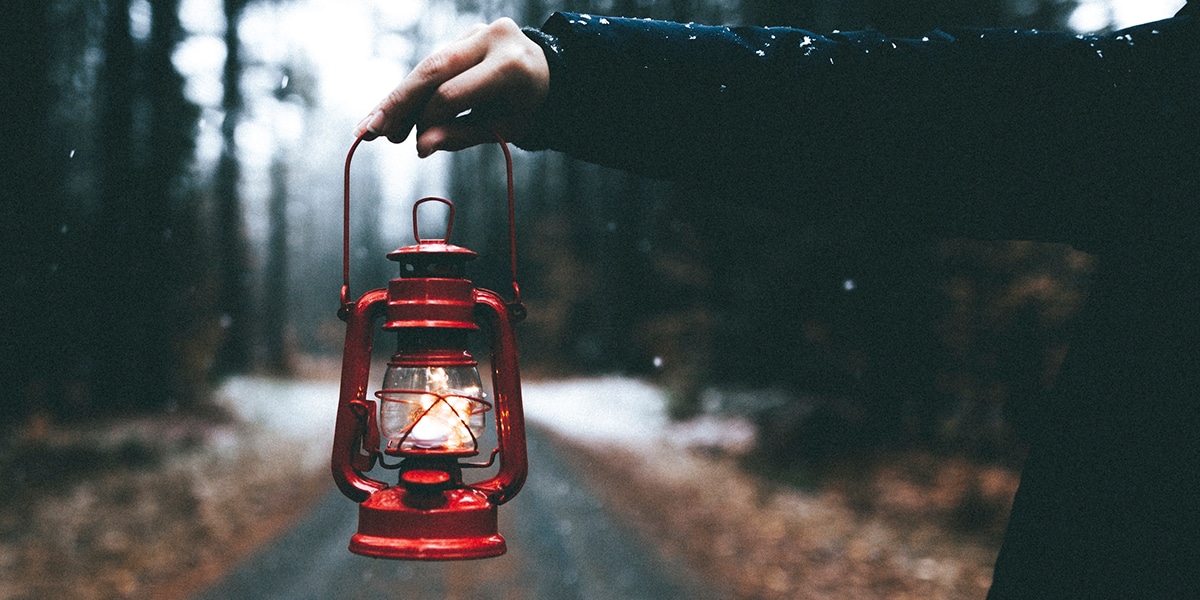 person holding a lantern lighting up the path behind.