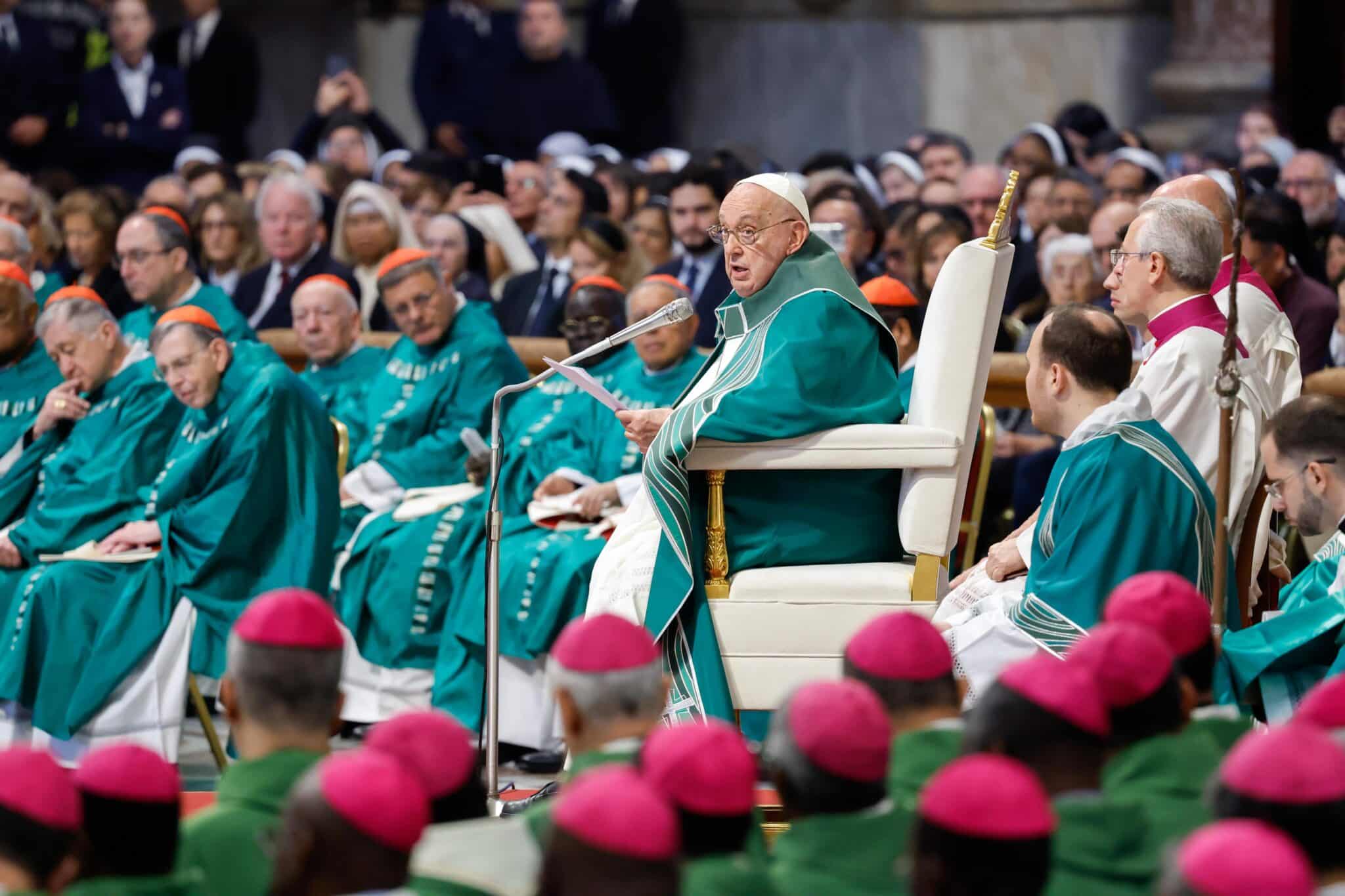 Pope Francis delivers his homily during the closing Mass of the Synod of Bishops on synodality in St. Peter's Basilica at the Vatican Oct. 27, 2024.