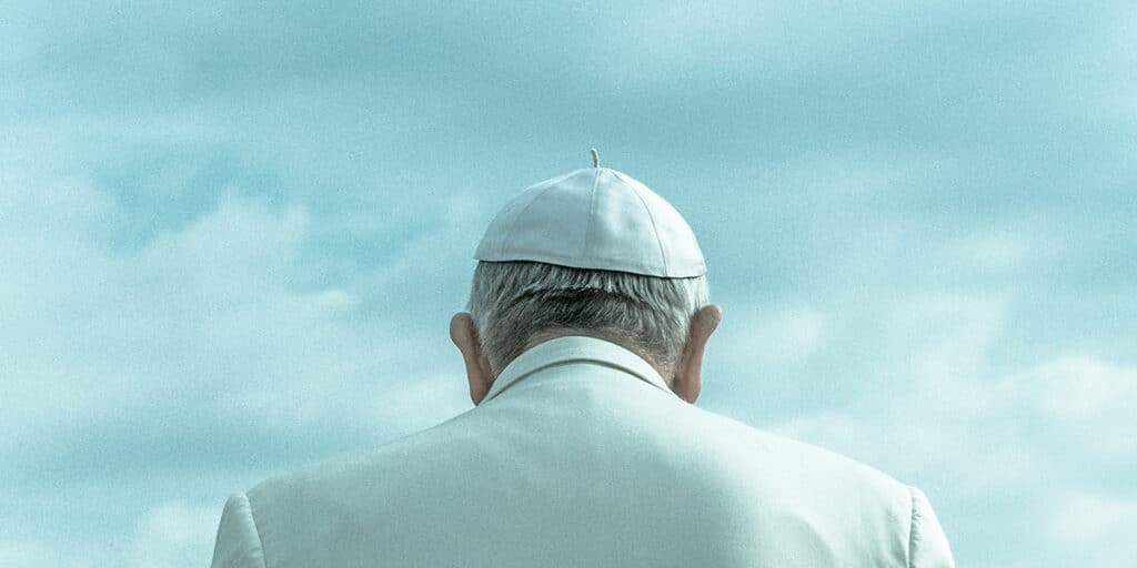 Pope Francis in front of blue sky Fratelli Tutti