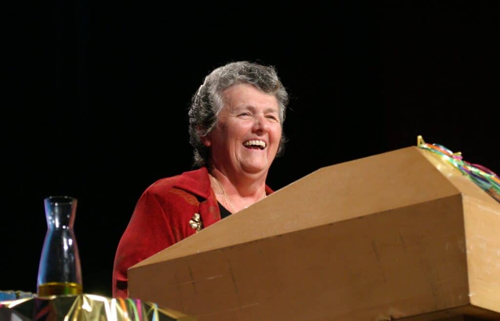 Benedictine Sister Joan Chittister delivers the keynote address during the 50th annual Leadership Conference of Women Religious assembly in Atlanta Aug. 19. During the Aug. 18-21 assembly the conference passed a resolution condemning torture and encouraging help and support for torture victims, especially those in areas under U.S. government control. (CNS photo/Michael Alexander, Georgia Bulletin)