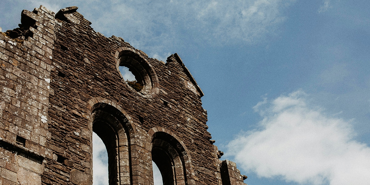 church in ruins, broken stone walls