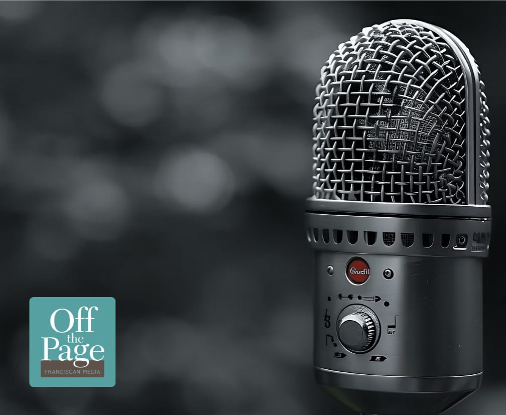 A close-up of a silver microphone with a textured grille, set against a blurred black and white background. The logo for 'Off The Page Podcast' is displayed in the lower left corner, featuring a light blue square with white text.