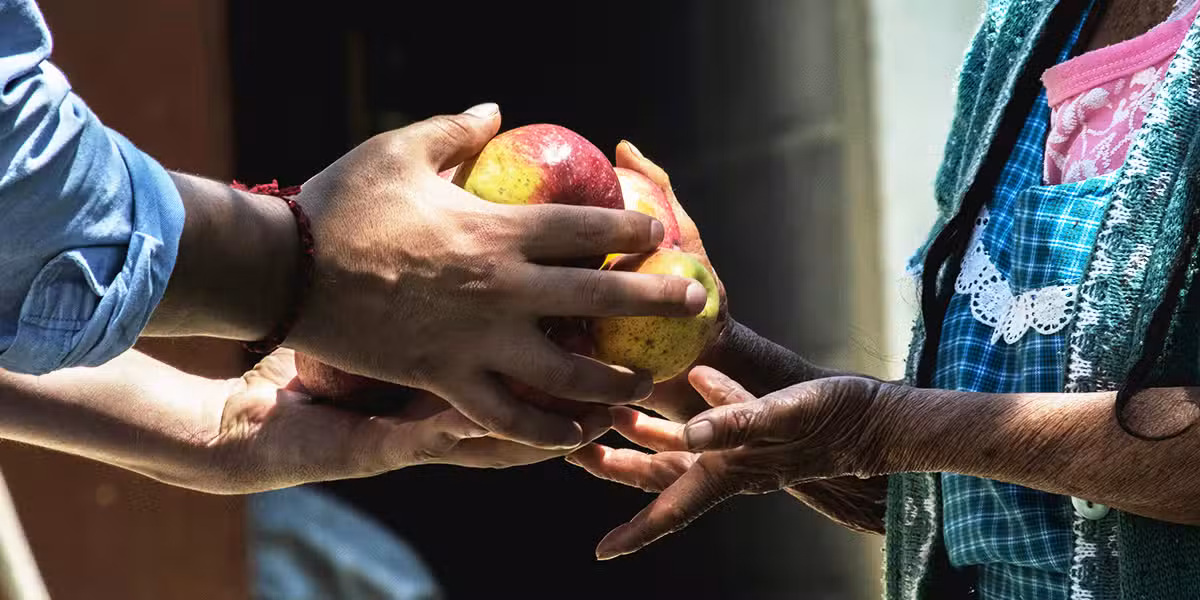 person giving another person apples as a gift.