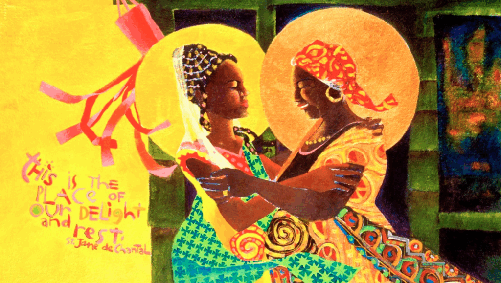 This painting titled "Windsock Visitation," created by Oblate Brother Mickey McGrath, depicts the joyful encounter in St. Luke's Gospel between Mary and Elizabeth. (CNS photo/courtesy Oblate Brother Mickey McGrath)