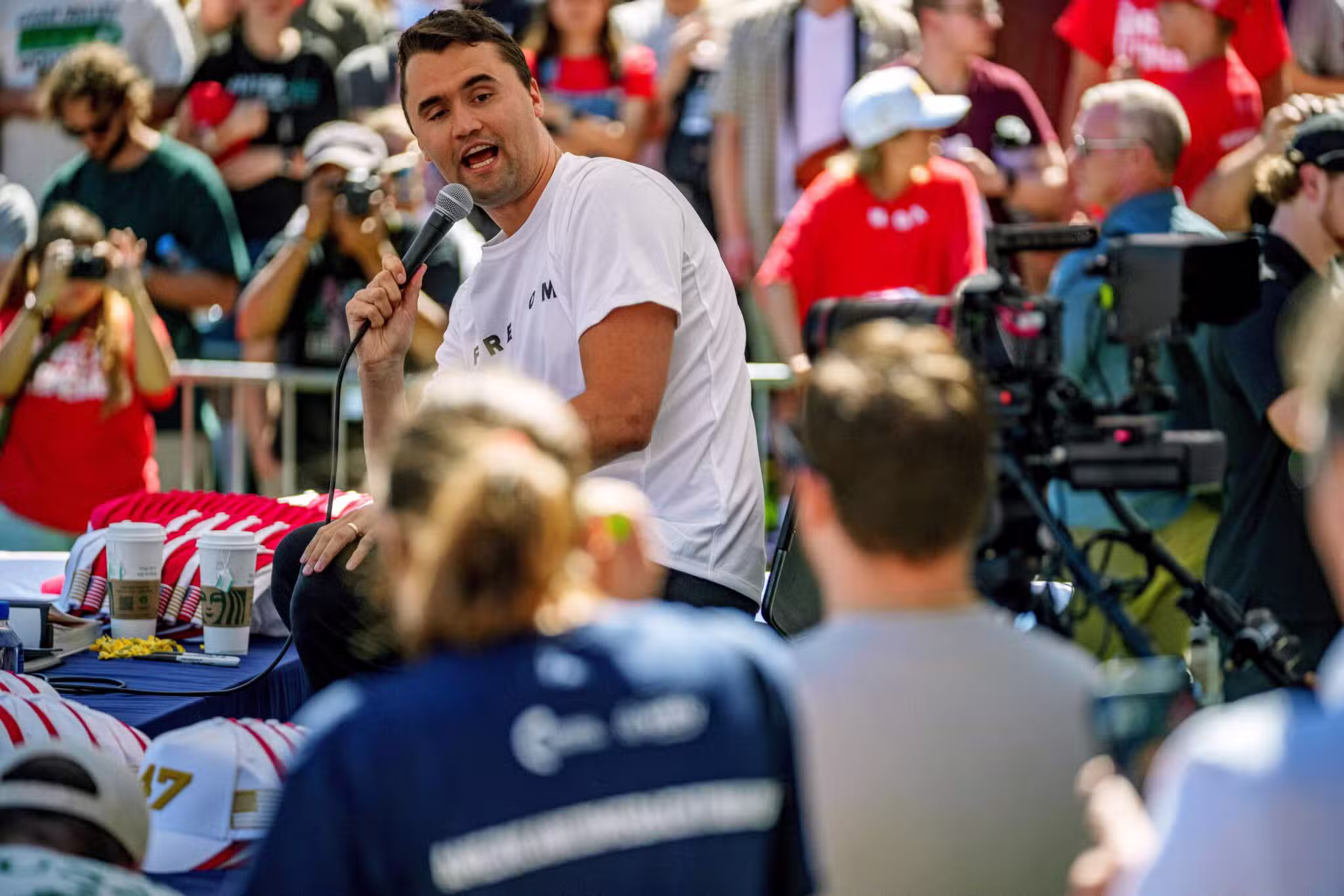 Commentator Charlie Kirk appears at a Utah Valley University speaking event in Orem, Utah, Sept. 10, 2025.