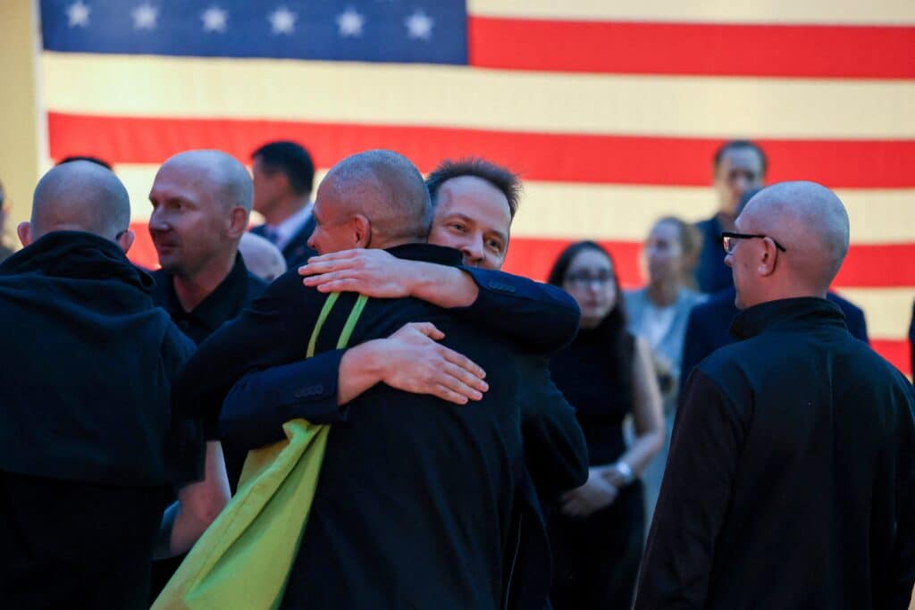 Political prisoners released from Belarus are welcomed at the U.S. Embassy in Vilnius, Lithuania, Sept. 11, 2025. (OSV News photo/Kacper Pempel, Reuters)