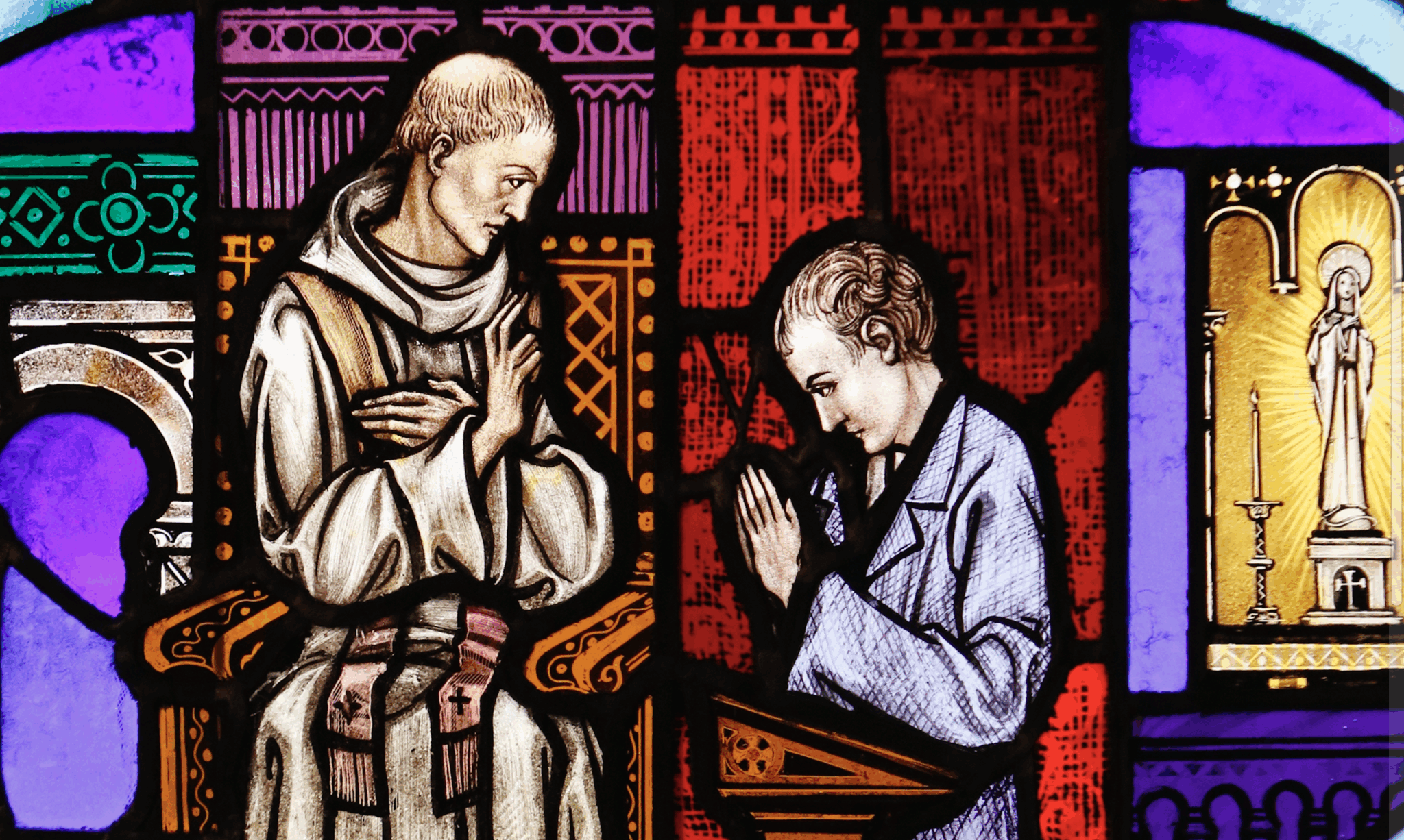The sacrament of reconciliation is depicted in a stained-glass window at St. Aloysius Church in Great Neck, N.Y. (CNS photo/Gregory A. Shemitz)