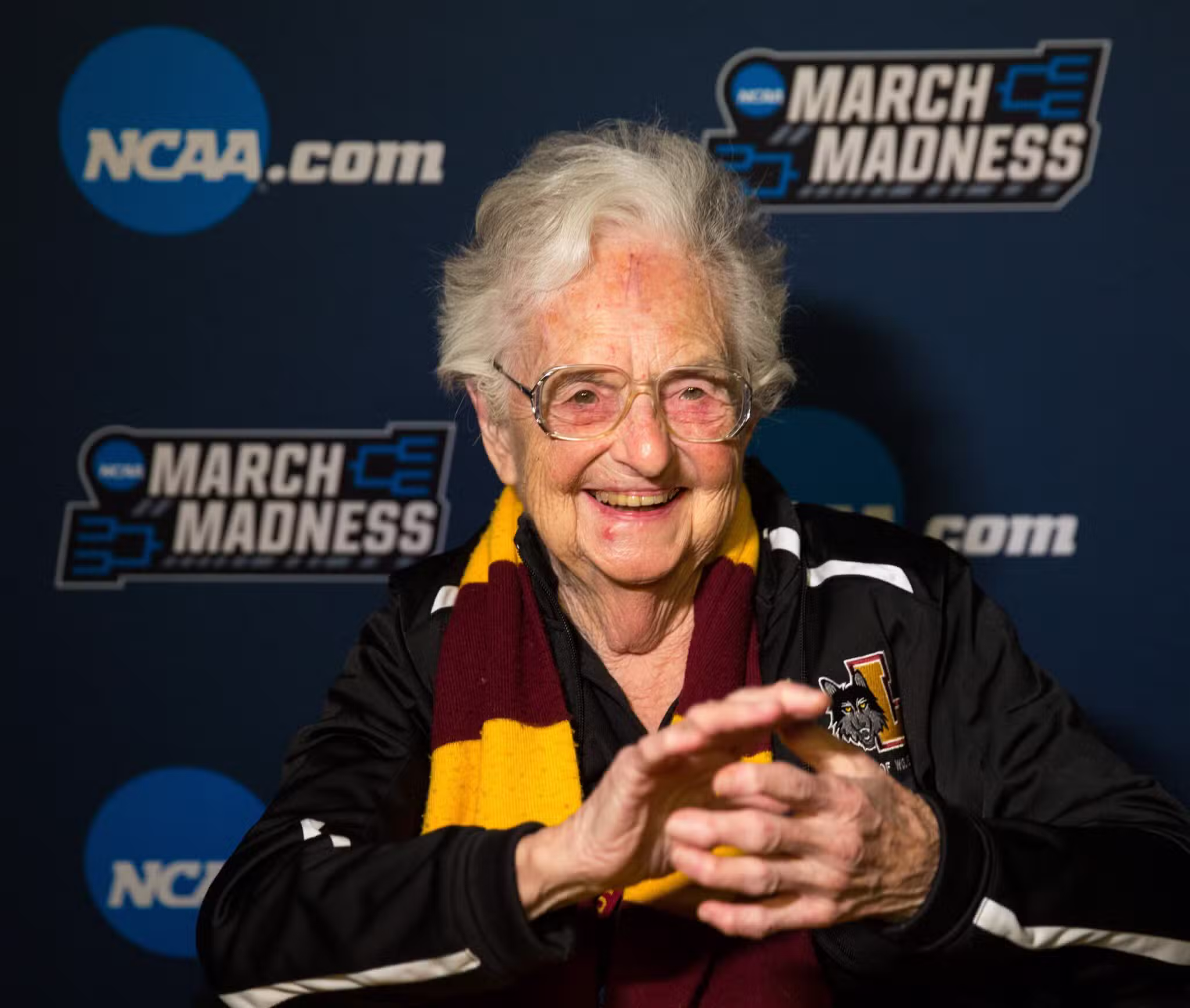 Sister Jean Dolores Schmidt, longtime chaplain of the Loyola University Chicago men's basketball team and campus icon, smiles after the team won in the first round game of the NCAA Tournament against the University of Miami 2018 at the American Airlines Center in Dallas. Sister Jean died at age 106 Oct. 9, 2025. (OSV News photo/courtesy Loyola University Chicago)