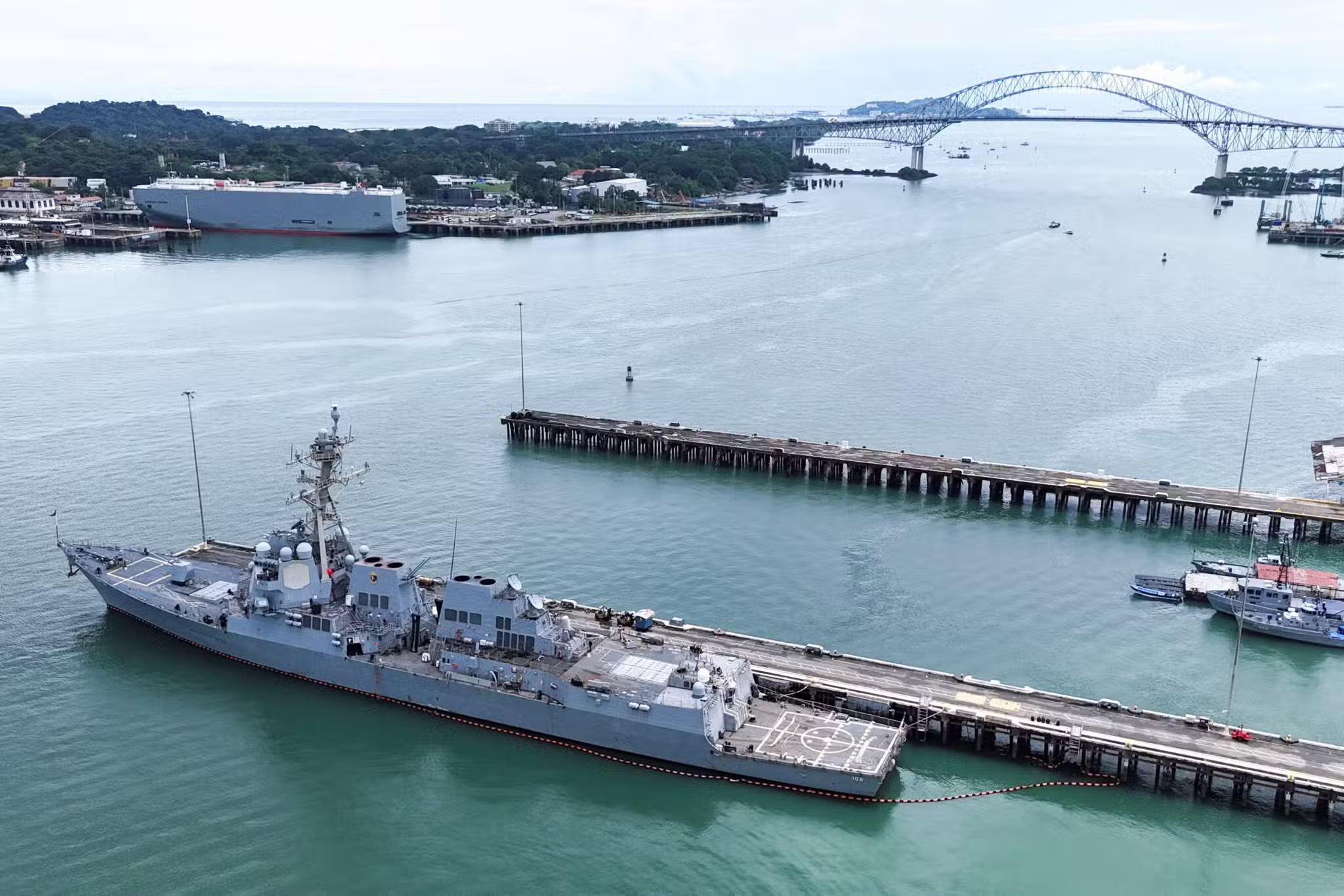 Navy guided missile destroyer USS Stockdale DDG-106 docks at the Frigate Captain Noel Antonio Rodriguez Justavino Naval Base near the entrance to the Panama Canal, in Panama City Sept. 21, 2025.