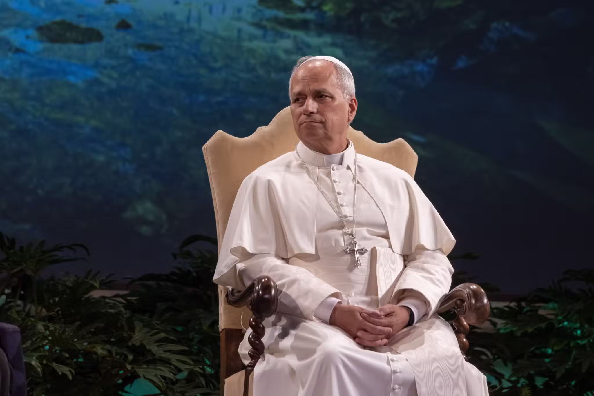 Pope Leo XIV listens during the opening session of an international conference celebrating the 10th anniversary of Pope Francis' encyclical "Laudato Si', on Care for Our Common Home," at the Mariapolis Center in Castel Gandolfo, Italy, Oct. 1, 2025. (CNS photo/Pablo Esparza)