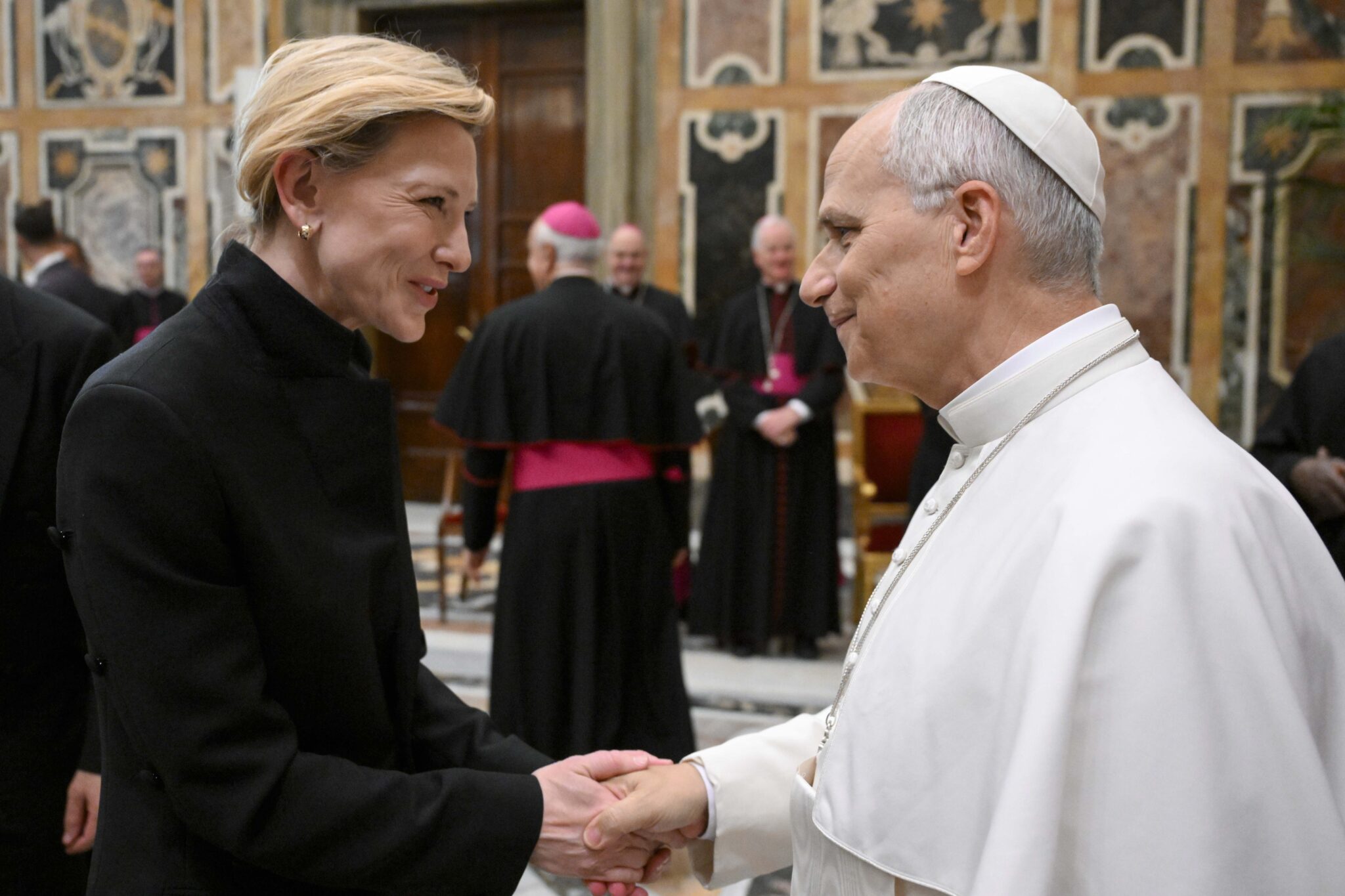 Pope Leo greets actress Cate Blanchett