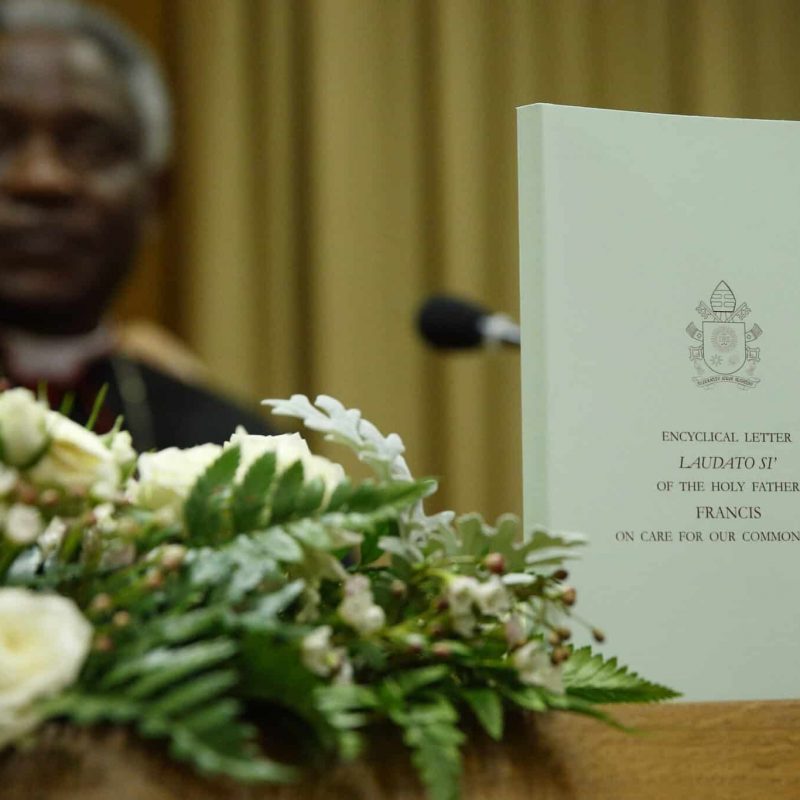 English edition of Pope Francis' encyclical on environment pictured during Vatican news conference