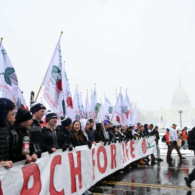 Pro-life demonstrators carry a banner past the U.S. Supreme Court building while participating in the 51st annual March for Life in Washington Jan. 19, 2024. (OSV News photo/Leslie E. Kossoff)