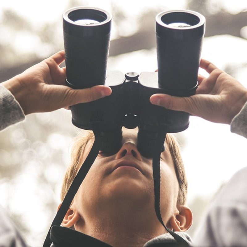 child searching through binoculars looking into the distance