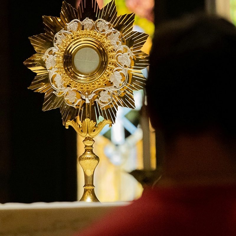 person adoring eucharist on the altar