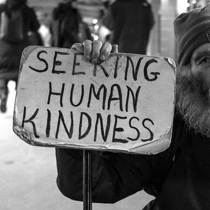 Homeless man holding a sign with "Seeking Human Kindness" written on it.