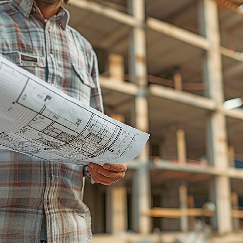 man holding a blueprint at a construction side