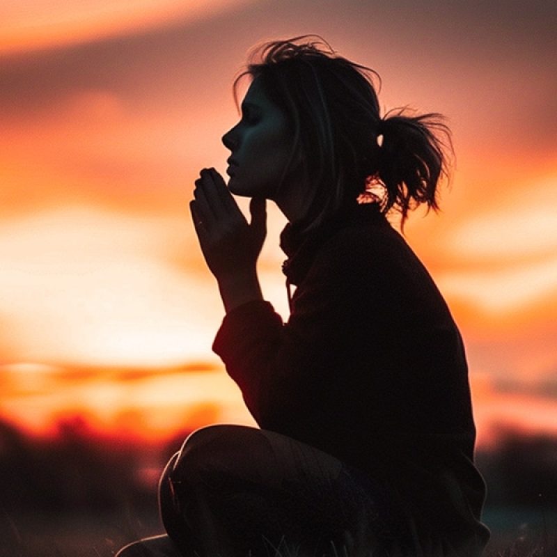 woman surrounded by peace praying during a sunset