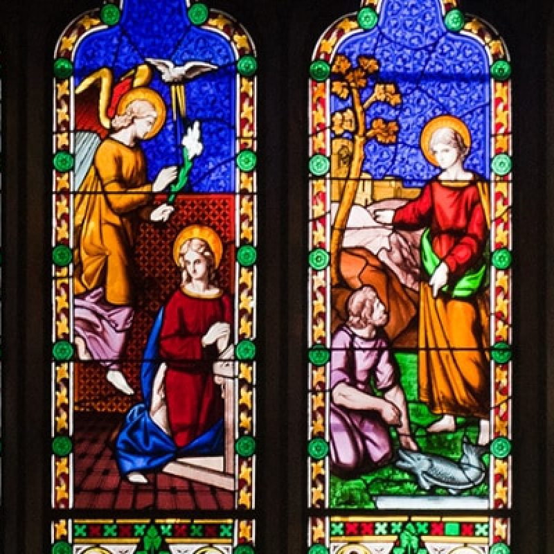 Stained Glass Window of Saints Michael, Gabriel, and Raphael