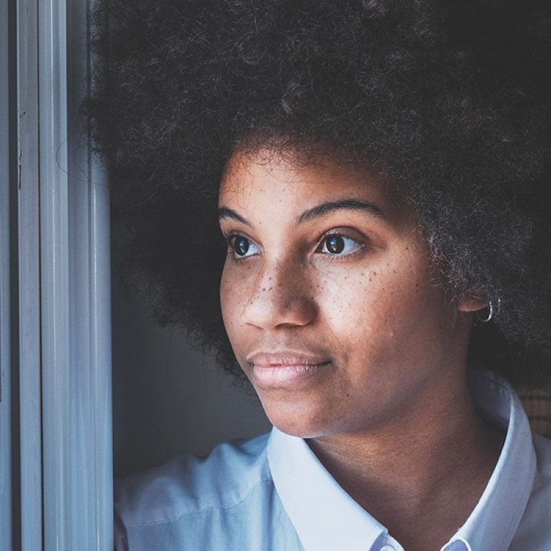 woman, thinking, concentrating and reflecting.