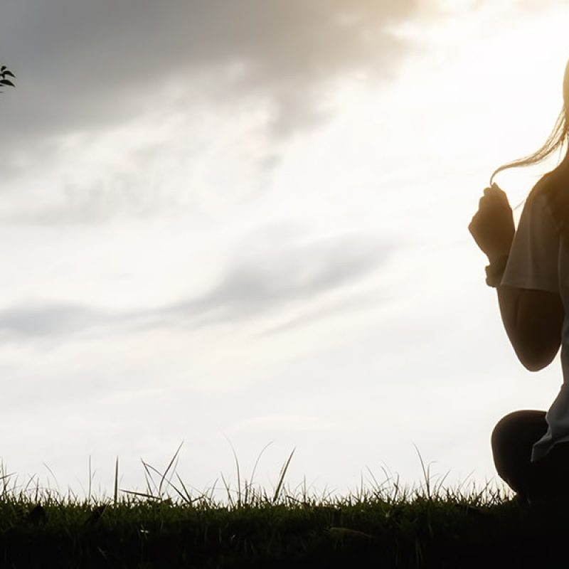 woman with a hallow around her head is sitting in a field